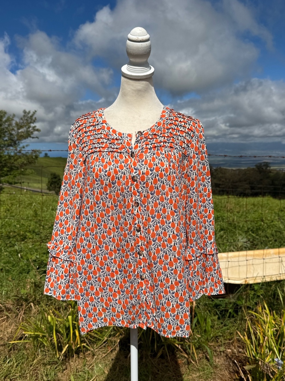 Anthropologie Maeve Berwick Orange Print Ruffle Sleeve Button Down Blouse - S